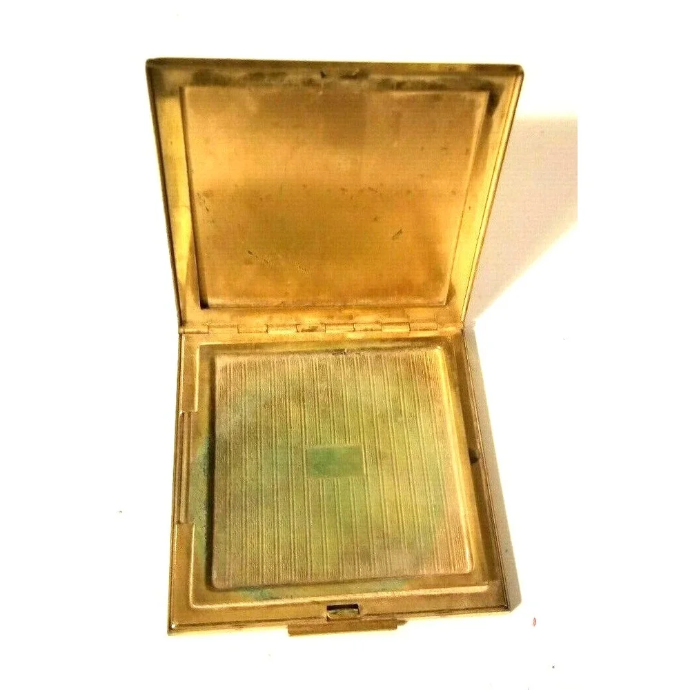 Mid Century Etched Brass Goldtone Powder Compact